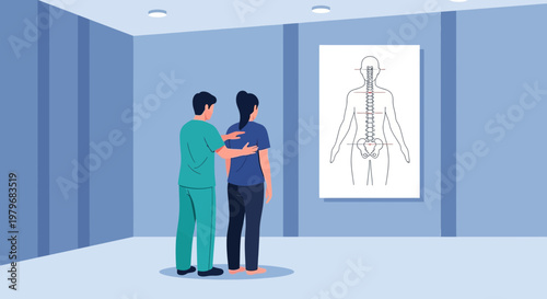 Physical Therapist Examines Patient's Spine Near Anatomical Chart