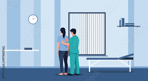 Physical Therapist Examining Patient's Back in Clinic Room with Medical Equipment