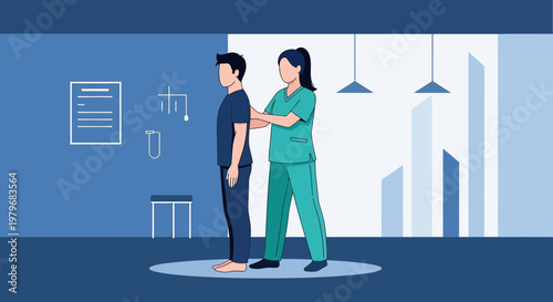 Physical therapist examining patient's back in clinic, medical check-up