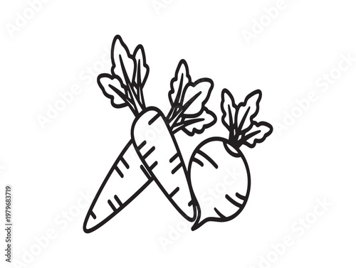 Simple black and white illustration of three carrots with green tops