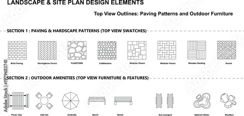 Landscape and Site Plan Design Elements: Top View Outlines of Paving Patterns and Outdoor Furniture for Architectural Projects.