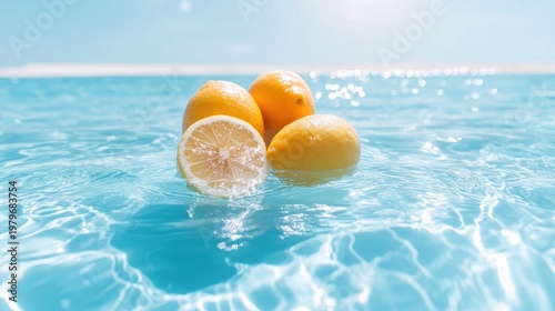 Vibrant lemons float effortlessly in sparkling turquoise waters, creating a refreshing and invigorating visual perfect for summer vibes and culinary delight.