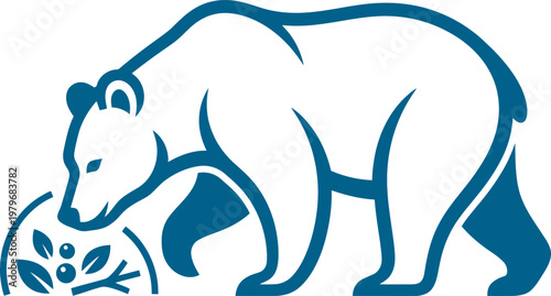 Foraging bear outline sniffing a berry bush can be Editable