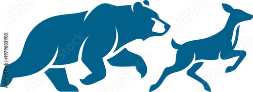 Grizzly bear chasing a running deer in the wild can be Editable