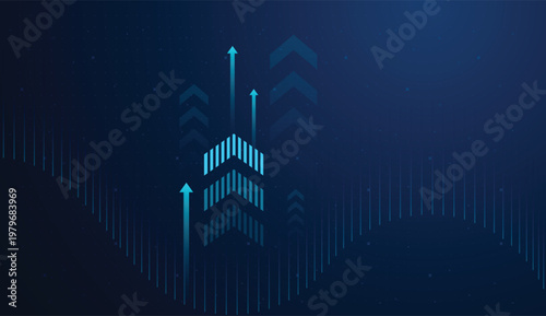 A smooth data wave curves across the background, suggesting real-time analytics, financial forecasting, or market fluctuations. and Group of upward arrows against a dark blue background