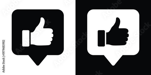 White outline speech bubble on black background enclosing thumbs up hand and four stars for top-rated message approval. Inverted duotone vector icon ideal for dark mode UI, chat feedback, review notif