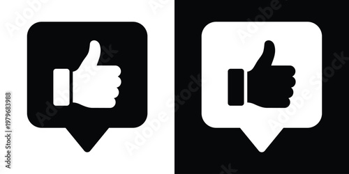 White outline speech bubble on black background enclosing thumbs up hand and four stars for top-rated message approval. Inverted duotone vector icon ideal for dark mode UI, chat feedback, review notif