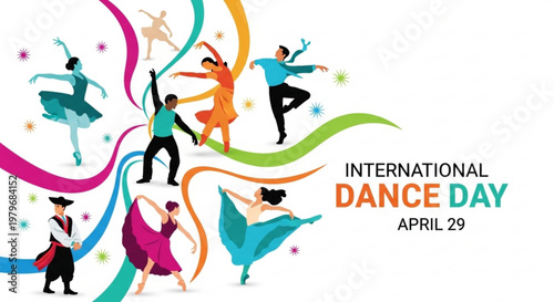 International dance day celebration with colorful dancers and ribbons on white background
