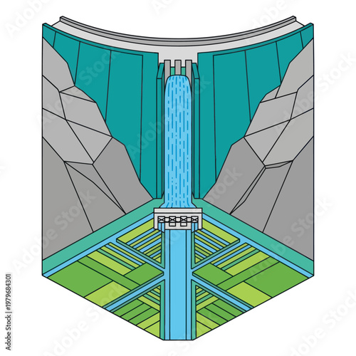Waterfall Illustration with Geometric Design Elements.