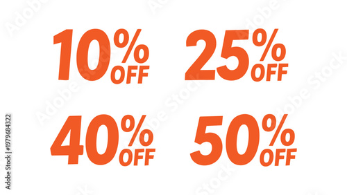 Collection of multiple discount percentage labels including 10%, 20%, 30%, 50%, 70%, and 80% off. Ideal for e-commerce websites, marketing materials, and promotional designs.