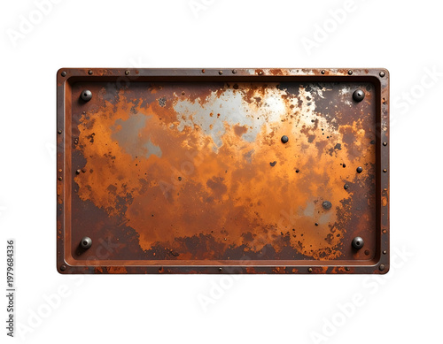 Heavily weathered, pitted, and corroded rectangular metal sign