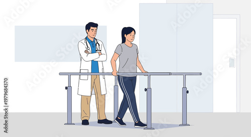 Physical therapist assists patient walking with parallel bars for rehabilitation after surgery