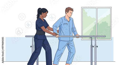 Physical Therapist Assists Patient Walking with Parallel Bars for Rehabilitation