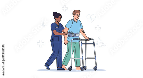 Physical Therapist Assists Patient Walking with Walker After Surgery