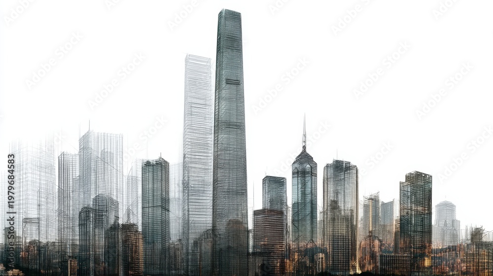 Fototapeta premium Hong kong city skyline blueprint and architectural wireframe, illustrating global real estate development, urban planning and modern construction design