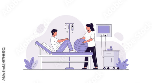 Physical therapist assists patient with exercise ball in rehabilitation clinic