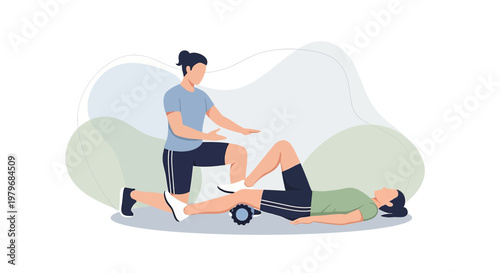 Physical therapist assists patient with foam roller for leg muscle recovery and rehabilitation.