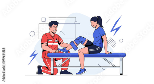 Physical Therapist Assists Patient with Knee Injury Rehabilitation on Examination Table
