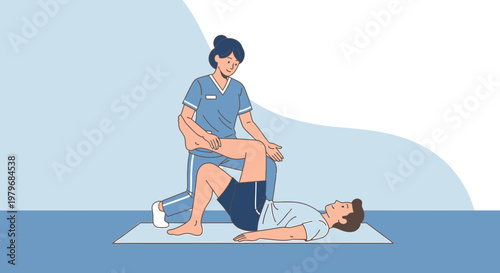 Physical Therapist Assists Patient with Hip Mobility Exercise on Mat