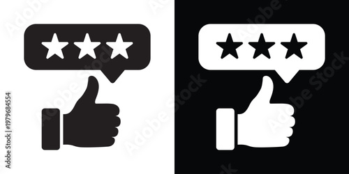  White outline speech bubble on black background enclosing thumbs up hand and four stars for top-rated message approval. Inverted duotone vector icon ideal for dark mode UI, chat feedback, review noti
