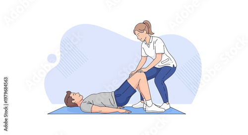 Physical Therapist Assists Patient with Leg Exercise on Mat