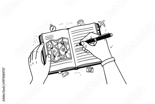 Travel Planning Notebook with Map and Hand Writing Plan – Trip Organization Illustration for Tourism Strategy, Itinerary, and Vacation Content