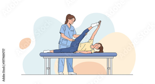 Physical Therapist Assists Patient with Leg Stretch on Examination Table