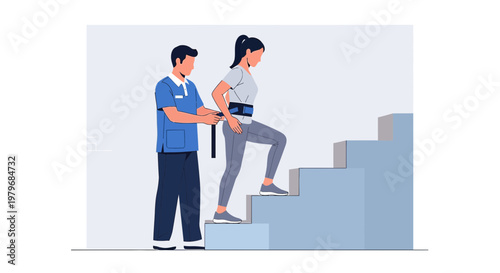 Physical therapist assists patient with mobility exercises on stairs, rehabilitation concept