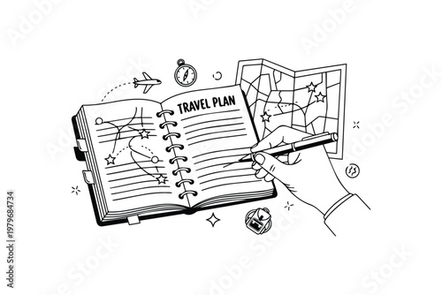 Travel Planning Notebook with Map and Hand Writing Plan – Trip Organization Illustration for Tourism Strategy, Itinerary, and Vacation Content