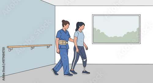 Physical therapist assists patient with prosthetic leg in rehabilitation