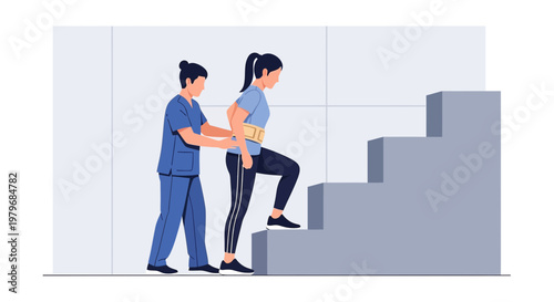 Physical therapist assists patient with rehabilitation exercises on stairs after surgery