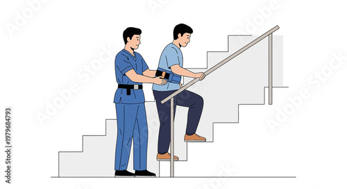 Physical therapist assists patient with rehabilitation exercises on stairs