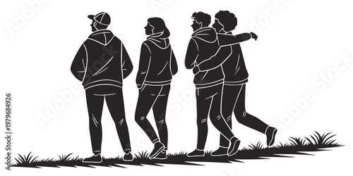 Group of friends walking together outdoors with hanging out free time walking away together outdoors silhouette illustration friendship recreation companionship activity gathering
