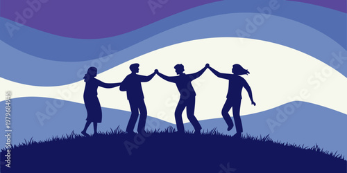 Four people holding hands in a circle on a hill with abstract background free time togetherness celebration abstract background silhouette activity community connection friendship