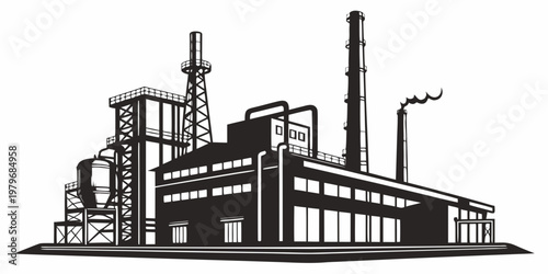 Black and white illustration of a factory with smokestacks and pipes industrial building industry manufacturing smokestacks pollution emission architecture illustration monochrome