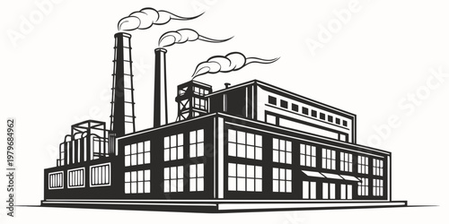 Monochrome drawing of a factory with smoking chimneys industrial building industry manufacturing smokestacks pollution emission architecture illustration monochrome silhouette