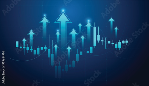 A Finance elements charts of bold blue arrows and up trend financial objects concepts vector, illustration, the symbolizing steady and strong growth over time
