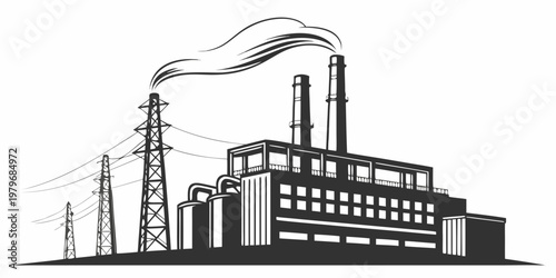 Industrial factory with power lines and smoking chimneys industrial building industry manufacturing smokestacks pollution electricity transmission architecture illustration monochrome