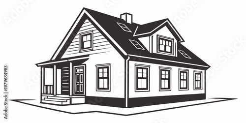 Black and white vector illustration of a detached residential house with porch and dormer building residential architecture property realestate suburban construction illustration