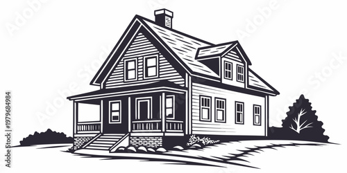 Detailed black and white illustration of a classic country house with porch and chimney building residential architecture suburban property illustration silhouette landscape exterior