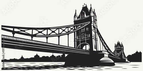 Tower bridge london silhouette illustration with city skyline in background over river thames water silhouette illustration landmark architecture monument historic structure background