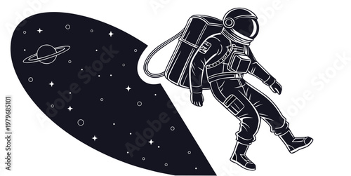 Stylized monochrome graphic of an astronaut in a spacesuit floating next to a cosmic portal showing a ringed planet and stars in deep space with astronaut universe exploration floating