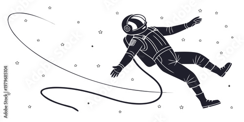 Minimalist black and white vector illustration of an astronaut floating in deep space with an umbilical cord tether surrounded by small stars and celestial elements astronaut cosmonaut