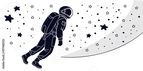 Artistic monochrome illustration of an astronaut floating through a dense starfield and cosmic dust with a light trail effect on a white background astronaut universe floating stardust