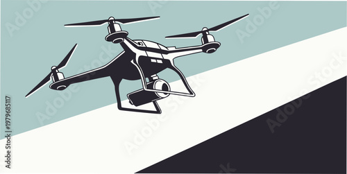 Modern flat vector illustration of a quadcopter drone with a professional camera lens flying against a geometric blue and white background for aerial photography quadcopter photography