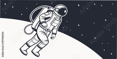 Black and white vector drawing of an astronaut walking on the surface of a moon or planet against a dark starry sky with a bright horizon line astronaut moonwalk exploration astronomy