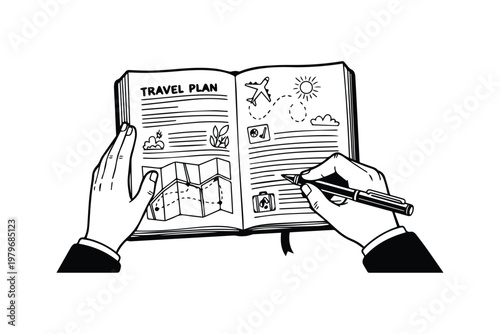 Travel Planning Notebook with Map and Hand Writing Plan – Trip Organization Illustration for Tourism Strategy, Itinerary, and Vacation Content