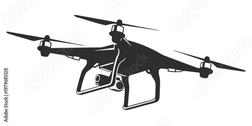 Black and white silhouette of a drone with camera isolated on white background quadcopter technology surveillance photography videography aviation robotics electronic propeller