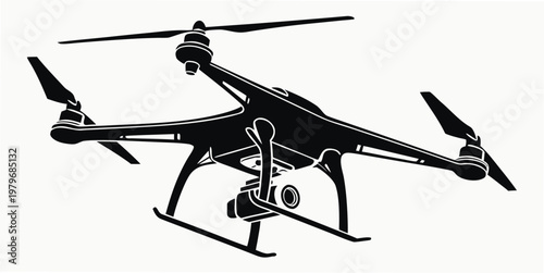 Detailed graphic silhouette of a camera drone for aerial photography with quadcopter technology photography videography surveillance aviation robotics electronic propeller automation