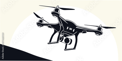 Camera drone flying against a stylized circular background graphic with quadcopter technology photography videography surveillance aviation robotics electronic propeller automation